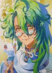  1boy ahoge artist_name baizhu_(genshin_impact) blue_jacket genshin_impact glasses green_hair hair_between_eyes highres jacket male_focus orange_eyes painting_(medium) philiera portrait red_eyes russian_commentary smile snake solo traditional_media watercolor_(medium) 