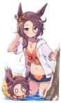  1girl alternate_costume animal_ears bikini bikini_under_clothes blank_eyes blue_eyes blush breasts brown_hair chibi cleavage collarbone cutoffs denim denim_shorts hand_in_own_hair hood hooded_jacket horse_ears horse_girl horse_tail innertube jacket jewelry long_hair narita_taishin_(umamusume) navel necklace odawara_hakone open_clothes open_jacket orange_bikini parted_lips rock short_shorts short_sleeves shorts small_breasts standing swimsuit tail umamusume wading water wet white_background white_jacket 