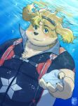  2022 absurd_res anthro belly blush canid canine canis clothed clothing detailed_background domestic_dog hi_res hisaki_(live-a-hero) humanoid_hands kemono lifewonders live-a-hero male mammal overweight overweight_male solo underwater video_games water yukimushi6 