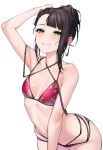  1girl absurdres arched_back armpits bare_shoulders bikini black_hair breasts closed_mouth collarbone floral_print green_eyes hair_bun hair_pulled_back highres kurosawa_dia leaning_forward looking_at_viewer love_live! love_live!_sunshine!! mole mole_under_mouth multi-strapped_bikini nasuno_(nasuno42) navel red_bikini sidelocks simple_background small_breasts smile solo stomach strap_slip swimsuit wet wet_hair white_background 