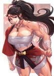  1girl abs amulet bandaged_arm bandages black_hair breasts hachimaki happi headband high_ponytail highres japanese_clothes kimono kimono_pull long_hair mikel_(4hands) muscular muscular_female navel nejiri_hachimaki original ponytail sarashi smile 