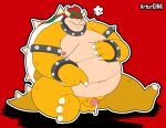  2022 absurd_res anthro artur_oink belly big_belly bowser genitals hi_res koopa male mario_bros moobs nintendo nipples obese obese_male overweight overweight_male penis red_background scalie simple_background sitting small_penis solo video_games 