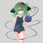  1girl bangs bare_arms bare_shoulders black_headwear black_swimsuit blush bow breasts commentary_request green_bow green_eyes green_hair grey_background hair_between_eyes hand_up hat hat_bow highres komeiji_koishi long_hair looking_at_viewer old_school_swimsuit ryogo school_swimsuit simple_background small_breasts solo swimsuit third_eye touhou 