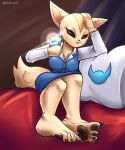  4_toes absurd_res aggressive_retsuko anthro bed bottomwear business_suit canid canine cellphone clothed clothing feet female fenneko fox furniture hi_res mammal pawpads phone pillow sanrio selfie skai_art skirt smile solo suit toes 