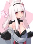  1girl animal_ear_fluff animal_ears bad_link bangs black_gloves black_hairband blush breasts chorefuji cleavage closed_mouth commentary_request gloves hair_ribbon hairband hands_up highres long_hair off_shoulder original pink_eyes pink_ribbon raised_eyebrows ribbon solo upper_body white_hair 
