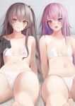  2girls absurdres bikini blue_eyes breasts brown_eyes girls&#039;_frontline grey_hair hair_between_eyes highres kotoha_(kotoha65) mechanical_arms micro_bikini mod3_(girls&#039;_frontline) multicolored_hair multiple_girls one_side_up pink_hair scar scar_across_eye scar_on_face single_mechanical_arm sitting small_breasts st_ar-15_(girls&#039;_frontline) streaked_hair swimsuit ump45_(girls&#039;_frontline) 