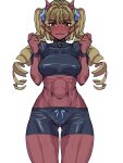  1girl bike_shorts blue_bow blush bow bow_(bhp) colored_skin covered_nipples drill_hair hair_bow hands_up horns looking_at_viewer medium_hair navel oni open_mouth original pointy_ears red_eyes red_oni red_skin simple_background solo twin_drills white_background wristband 