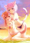  2girls 54hao :3 :d ahoge animal_ear_fluff animal_ears bangs bare_arms bare_legs bare_shoulders barefoot bell bikini blush bow breasts brown_hair cat_ears cat_girl cat_tail cleavage cloud cloudy_sky dog_ears dog_girl dog_tail fang hair_between_eyes highres hololive hug hug_from_behind inugami_korone jingle_bell kneeling long_hair medium_breasts multiple_girls navel nekomata_okayu outdoors purple_bikini purple_bow purple_eyes purple_hair red_eyes short_hair sky smile sunset swimsuit tail tail_bell tail_bow tail_ornament virtual_youtuber yellow_bikini 