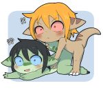  ?! adult_(lore) anthro bamfear black_hair blonde_hair blush bodily_fluids brown_body clive_(doneru) doneru duo embrace green_body hair hi_res hug lying nude on_front on_top raised_tail simple_background surprised_expression sweat tany_(doneru) young 