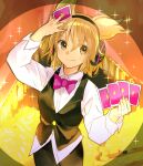  1girl alternate_costume black_vest brown_eyes buttons card closed_mouth collared_shirt cowboy_shot earmuffs hair_between_eyes holding holding_card light_brown_hair long_sleeves makuwauri pointy_hair shirt short_hair smile solo touhou toyosatomimi_no_miko vest white_shirt 