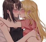  2girls after_kiss arms_around_neck bang_dream! blonde_hair blush breasts brown_hair cleavage closed_eyes ear_blush hair_ornament hairclip multiple_girls okusawa_misaki parted_lips rang_7329 saliva saliva_trail tongue tsurumaki_kokoro yuri 