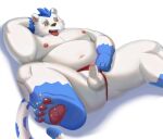  2022 aipangpangdeyua anthro balls belly big_belly blue_body blush erection feet genitals hi_res humanoid_genitalia humanoid_hands humanoid_penis kemono lying male mammal moobs navel nipples overweight overweight_male penis simple_background solo tongue tongue_out ursid white_body 