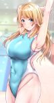  1girl arm_up armpits blonde_hair blue_eyes blue_swimsuit blurry blurry_background breasts closed_mouth collarbone competition_swimsuit covered_navel cowboy_shot hachimiya_meguru highleg highleg_swimsuit idolmaster idolmaster_shiny_colors indoors large_breasts long_hair looking_at_viewer one-piece_swimsuit pool poolside shohei_(piranha5hk) smile solo swimsuit water 