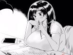  1girl blush book breasts cellphone closed_mouth greyscale highres holding holding_pencil huge_breasts lamp lighter long_hair monochrome open_book original pencil phone reading ryusei_hashida short_sleeves signature sitting smartphone solo 
