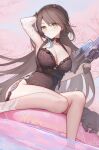  1girl absurdres afloat air_mattress arknights arm_up armpits bare_legs blacknight_(arknights) blacknight_(summer_flowers)_(arknights) blush breasts brown_hair brown_swimsuit brown_thighhighs casual_one-piece_swimsuit cherry_blossoms cleavage closed_mouth creature cyanide-whale elbow_gloves gloves hand_in_own_hair highres holding holding_water_gun horns large_breasts long_hair looking_at_viewer mole mole_above_eye mole_on_breast official_alternate_costume one-piece_swimsuit revision single_glove sitting soaking_feet solo swimsuit tassel thighhighs v-shaped_eyebrows very_long_hair water water_gun white_gloves yellow_eyes 