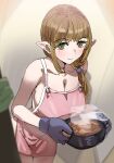  1girl apron blonde_hair blush bow_(bhp) breasts closed_mouth cooking_pot elf food gloves green_eyes grey_gloves hair_over_shoulder huge_breasts indoors leaning_forward looking_at_viewer mole mole_on_breast mole_under_eye naked_apron pointy_ears pov_doorway smile solo standing 