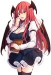  1girl 7saki bad_id bad_twitter_id bat_wings black_thighhighs breasts cleavage dress frills hair_between_eyes head_wings highres koakuma large_breasts long_hair long_sleeves open_clothes open_dress puffy_long_sleeves puffy_sleeves red_eyes red_hair simple_background solo thighhighs touhou white_background wings zettai_ryouiki 