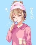  1girl blue_background blush brown_eyes buttons cup earmuffs hair_between_eyes holding holding_cup holding_toothbrush light_brown_hair long_sleeves makuwauri pajamas short_hair simple_background solo toothbrush toothbrush_in_mouth touhou towel towel_on_head toyosatomimi_no_miko upper_body 