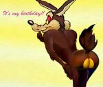  anthro butt canid canine canis coyote looking_back looney_tunes low_res male mammal mreiof_(artist) presenting presenting_hindquarters raised_tail rear_view simple_background smile solo text warner_brothers wile_e._coyote yellow_eyes 