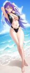  1girl absurdres armpits arms_behind_head arms_up beach between_breasts black_swimsuit blue_sky breasts cloud day full_body groin highres jewelry large_breasts long_hair looking_at_viewer navel o-ring o-ring_swimsuit ocean original outdoors parted_lips pendant purple_hair red_eyes silver_tokki sky solo stomach swimsuit thighs wet 