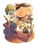  1boy black_hair blue_headwear blush bottle brown_(oshiri_tantei) chair closed_eyes cup desk desk_lamp glint highres inkwell lamp music open_mouth oshiri_tantei oshiri_tantei_(character) phone plant potted_plant quill saucer short_hair singing sitting spoon tea teacup tilted_headwear vest xxharomikanxx 
