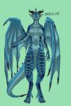  2022 anthro blizzard_entertainment blue_body blue_scales breasts claws dracthyr dragon featureless_breasts featureless_crotch female front_view green_background hi_res horn long_tail nihilishn scales scalie simple_background solo standing video_games warcraft wings 