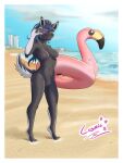  absurd_res adjusting_glasses anthro beach breasts canid canine canis casual_nudity cosmicfs_(artist) exhibitionism eyewear female hair hi_res inflatable inflatable_flamingo mammal nude nude_beach outside sand sea seaside solo sunglasses water wolf 