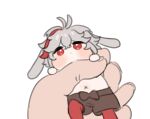  1boy animal_ears badamon bangs black_shorts crossed_bangs genshin_impact grey_hair hair_between_eyes hakama hakama_shorts highres japanese_clothes kaedehara_kazuha looking_at_viewer male_focus medium_hair multicolored_hair pov pov_hands rabbit_boy rabbit_ears red_hair short_ponytail shorts sidelocks solo streaked_hair white_hair 