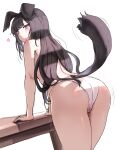  1girl animal_ears arm_support ass ass_focus bangs black_hair blue_archive blush dog_ears dog_girl dog_tail heart hibiki_(blue_archive) highres leaning_forward long_hair looking_at_viewer looking_back motion_lines panties pinkmarine purple_eyes pussy_juice simple_background solo tail tail_raised tail_wagging topless underwear wet white_background 