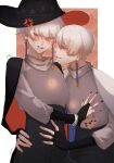  2boys anger_vein bdsm bishounen bite_mark blue_eyes blush bondage bound cape earrings fingerless_gloves gloves grateful_shell_collector grey_hair hat hickey highres hug jewelry male_focus mischief_witch multiple_boys profile razismile ring rope short_hair sky:_children_of_the_light tassel tassel_earrings white_hair witch_hat yaoi 