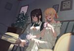  2girls apron black_hair blonde_hair camisole closed_eyes couch cup glass_table gomashiwo_o highres holding holding_cup indoors inoue_takina light_blush long_hair looking_at_another lycoris_recoil lycoris_uniform mug multiple_girls nishikigi_chisato open_mouth picture_frame ponytail purple_eyes shadow short_hair sitting skirt smile socks steam sunlight table twintails 