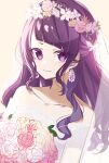  1girl bare_shoulders blurry bouquet collarbone dress earrings flower garland_(decoration) highres idolmaster idolmaster_shiny_colors jewelry light_smile long_hair looking_at_viewer minorin purple_eyes purple_hair rose strapless strapless_dress tanaka_mamimi veil wedding_dress white_dress 
