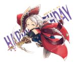  1girl ahoge aiming arrow_(projectile) bangs bare_shoulders bow_(weapon) braid buttons closed_mouth dated fingerless_gloves fire_emblem fire_emblem_fates gloves grey_eyes grey_hair hairband holding holding_arrow holding_bow_(weapon) holding_weapon hotate_rayan knife_holster leather leather_gloves low_twintails nina_(fire_emblem) official_alternate_costume parted_bangs red_headwear smile twin_braids twintails weapon white_hairband 