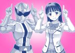  2girls absurdres avataro_sentai_donbrothers bangs bow bowtie bracelet dual_persona greyscale helmet highres jacket jewelry kaneko_naoya kito_haruka monochrome multiple_girls oni_sister partially_colored pink_background plaid plaid_skirt pose school_uniform shoulder_spikes skirt spikes super_sentai tokusatsu 