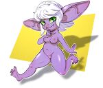  2022 absurd_res big_ears breasts feet female goblin hair hi_res humanoid looking_at_viewer nails nipples nude purple_body purple_skin sharp_nails short_stack simple_background slightly_chubby smile solo toes white_hair wide_hips wisty yellow_sclera 
