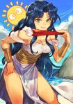  1girl blue_hair breasts cloud dress folding_fan green_eyes hand_fan hand_on_hip holding holding_fan hungry_clicker lips long_hair looking_at_viewer medium_breasts outdoors parted_lips puyopuyo rulue_(puyopuyo) shore smile solo sun water 