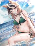  1girl absurdres animal_ears bangs bare_arms bare_shoulders bikini blue_sky blush breasts brown_hair cleavage cloud commentary_request day dutch_angle front-tie_bikini front-tie_top green_bikini highres horse_ears large_breasts long_hair looking_at_viewer narusawa_(njzc2582) navel ocean partial_commentary purple_eyes side-tie_bikini sitting sky smile solo stomach swimsuit symboli_rudolf_(umamusume) thighs umamusume very_long_hair water 