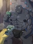  abs absurd_res anthro bench black_body black_nipples bna_v5 bodily_fluids bulge claws container cup detailed_bulge drinking_straw duo godzilla godzilla_(series) hi_res kaiju locker_room male money muscular muscular_anthro muscular_male nipples sitting spikes spikes_(anatomy) sweat toho 