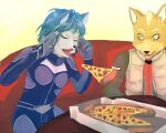  2019 anthro canid canine clothed clothing duo envossan female floating food fox fox_mccloud furniture green_eyes humor krystal levitating levitating_pizza male mammal meme nintendo open_mouth pizza pizza_box sitting star_fox table telekinesis video_games 
