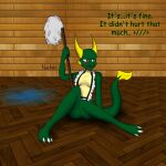  anthro breasts clothed clothing digital_media_(artwork) english_text fantasy_creature female half_naked hi_res kath_(novaarts) kobold novaarts partially_clothed scalie simple_background solo text yuio_maid_dress 