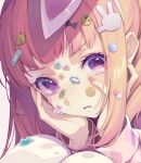  1girl animal_ears blush crying crying_with_eyes_open denonbu hair_ornament hands_on_own_face long_sleeves looking_at_viewer orange_hair pien ponchan_ponc purple_eyes rabbit_ears sakurano_mimito solo sticker tears 