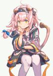  1girl animal_ears arknights bangs black_hairband black_skirt blue_ribbon bracelet braid cat_ears cat_girl cat_tail closed_mouth clothes_writing coat driftingtiger feet_out_of_frame goldenglow_(arknights) hair_ribbon hairband hand_on_own_cheek hand_on_own_face highres id_card infection_monitor_(arknights) invisible_chair jewelry lightning_bolt_print long_hair long_sleeves looking_at_viewer medium_skirt open_clothes open_coat orange_eyes pink_coat pink_hair ribbon simple_background single_braid sitting skirt smile solo tail thighhighs white_background white_thighhighs 