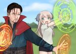  black_hair cape crossover doctor_strange doctor_strange_(series) facial_hair grass green_eyes gym_uniform highres light_brown_hair long_hair looking_at_another luminous_witches m1saki_1 magic magic_circle marvel marvel_cinematic_universe mustache shirt shorts sky virginia_robertson wizard world_witches_series 