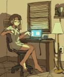  1girl bangs barefoot bedroom blinds book bookshelf brown_eyes brown_hair cable chair coffee_mug computer cup curtains desk grey_shirt highres indoors lamp laptop looking_at_viewer mug office_chair on_chair original pantsu-ripper shirt short_hair sitting solo window window_(computing) 