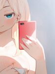  1girl blonde_hair blue_eyes blush breasts cellphone closed_mouth fingernails head_out_of_frame highres holding holding_phone large_breasts long_hair looking_at_viewer miami-chan_(ryusei_hashida) naked_towel negative_space original paid_reward_available phone ryusei_hashida selfie smartphone smile smug solo towel upper_body 