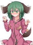  1girl absurdres animal_ears bangs blush breast_grab brown_dress closed_mouth collarbone disembodied_limb dog_ears dog_tail dress grabbing grabbing_from_behind green_eyes green_hair highres kasodani_kyouko long_sleeves short_hair simple_background siw0n smile solo_focus tail touhou white_background 