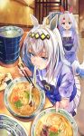  2girls ahoge animal_ears bangs blue_eyes bow bowl bowtie chopsticks closed_mouth eating food grey_hair hair_ornament hairband headband highres holding holding_bowl holding_chopsticks holding_tray horse_ears horse_girl horse_tail indoors long_hair looking_at_viewer multiple_girls noodles oguri_cap_(umamusume) onigiri open_mouth plate purple_shirt sailor_collar school_uniform shirt sitting skirt solo_focus standing sweat tail tamamo_cross_(umamusume) tracen_school_uniform tray udon umamusume v-shaped_eyebrows white_skirt yomean! 