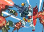  1970s_(style) beam_rifle energy_gun explosion firing flying gun gundam holding holding_gun holding_weapon mecha mobile_suit mobile_suit_gundam no_humans orange_eyes retro_artstyle robot rx-78-2 science_fiction shield v-fin war weapon yamada_yuuji 