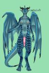  2022 animal_genitalia anthro blizzard_entertainment blue_body blue_scales breasts claws dracthyr dragon erection front_view genital_slit genitals green_background gynomorph hi_res horn intersex long_tail nihilishn nipples penis scales scalie simple_background slit small_breasts solo standing video_games warcraft wings 