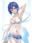  1girl absurdres arm_behind_head arm_up armband armpits bare_shoulders bikini blue_eyes blue_hair blue_shorts breasts catria_(fire_emblem) clear_glass_(mildmild1311) cleavage collarbone cowboy_shot cutoffs denim denim_shorts fire_emblem fire_emblem:_mystery_of_the_emblem high_heels highres looking_at_viewer medium_breasts midriff navel see-through short_hair short_shorts shorts signature solo swimsuit thigh_strap twitter_username white_bikini white_footwear 